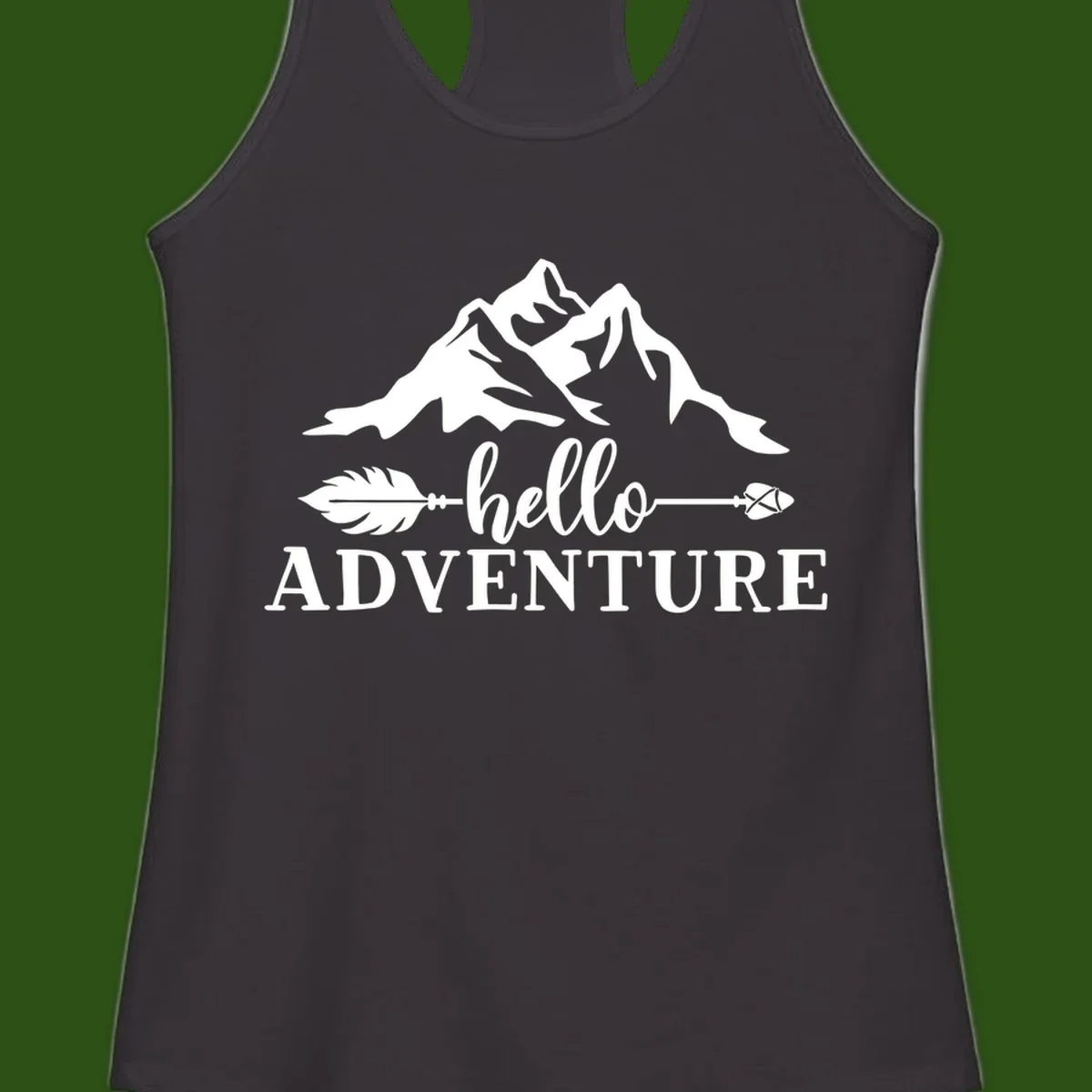 White minimalist design with snow-capped mountains, feather arrows, and hello adventure text on gray background
