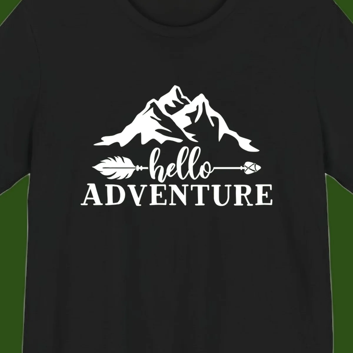 White minimalist design with snow-capped mountains, feather arrows, and hello adventure text on gray background
