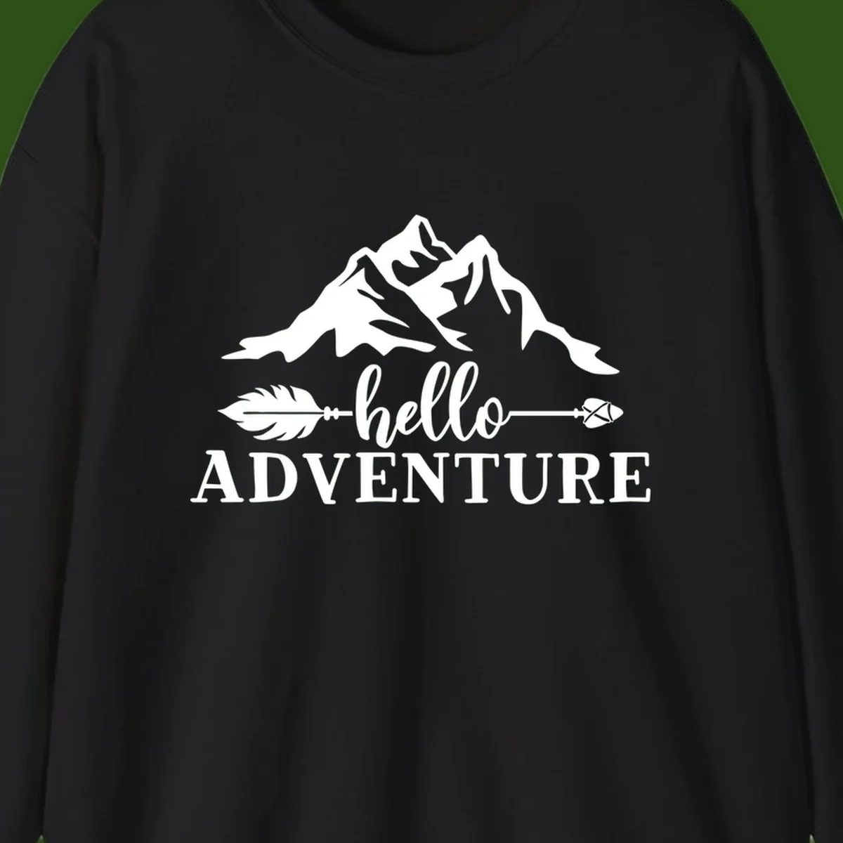 White minimalist design with snow-capped mountains, feather arrows, and hello adventure text on gray background