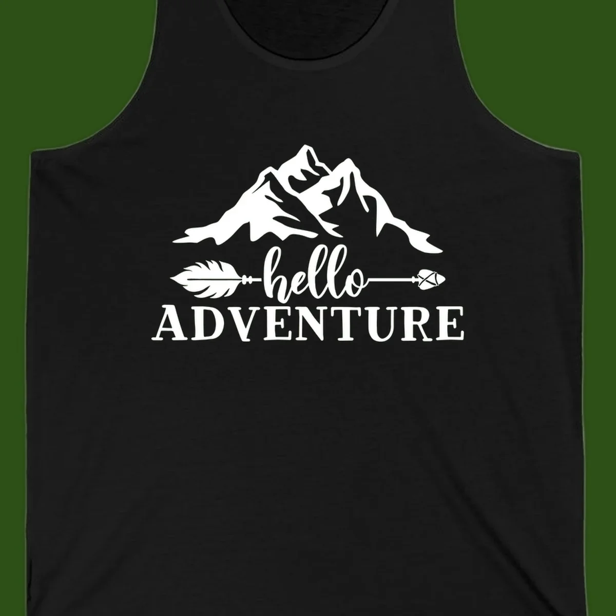 White minimalist design with snow-capped mountains, feather arrows, and hello adventure text on gray background