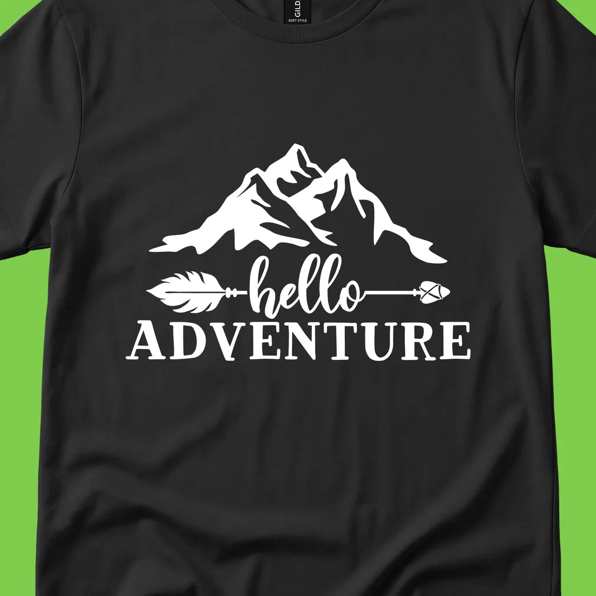 White minimalist design with snow-capped mountains, feather arrows, and hello adventure text on gray background