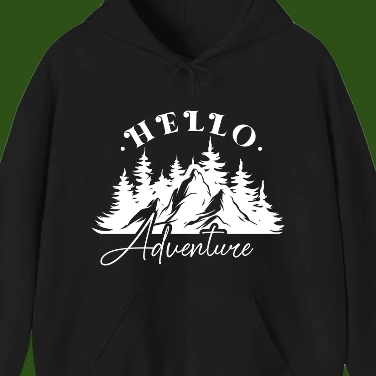 Hello adventure mountain design featuring snow-capped peak and evergreen forest silhouette in white and gray
