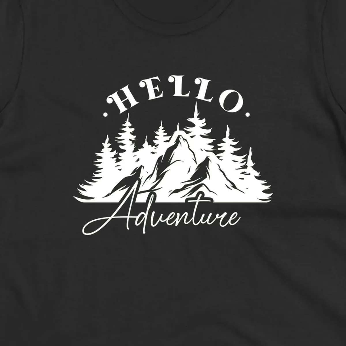 Hello adventure mountain design featuring snow-capped peak and evergreen forest silhouette in white and gray