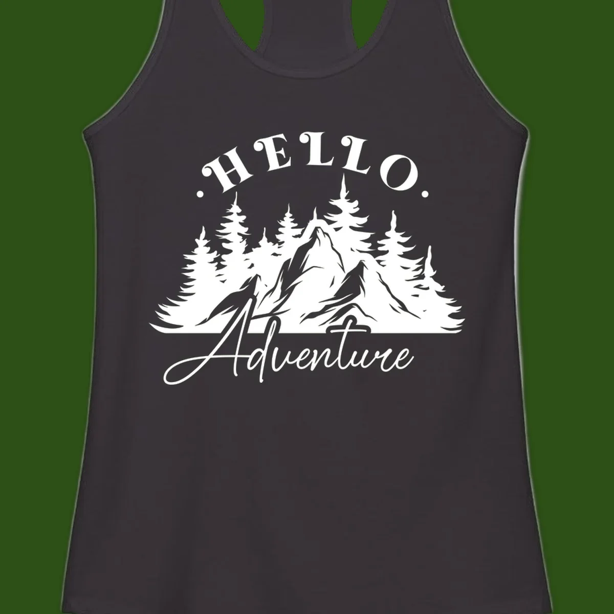 Hello adventure mountain design featuring snow-capped peak and evergreen forest silhouette in white and gray