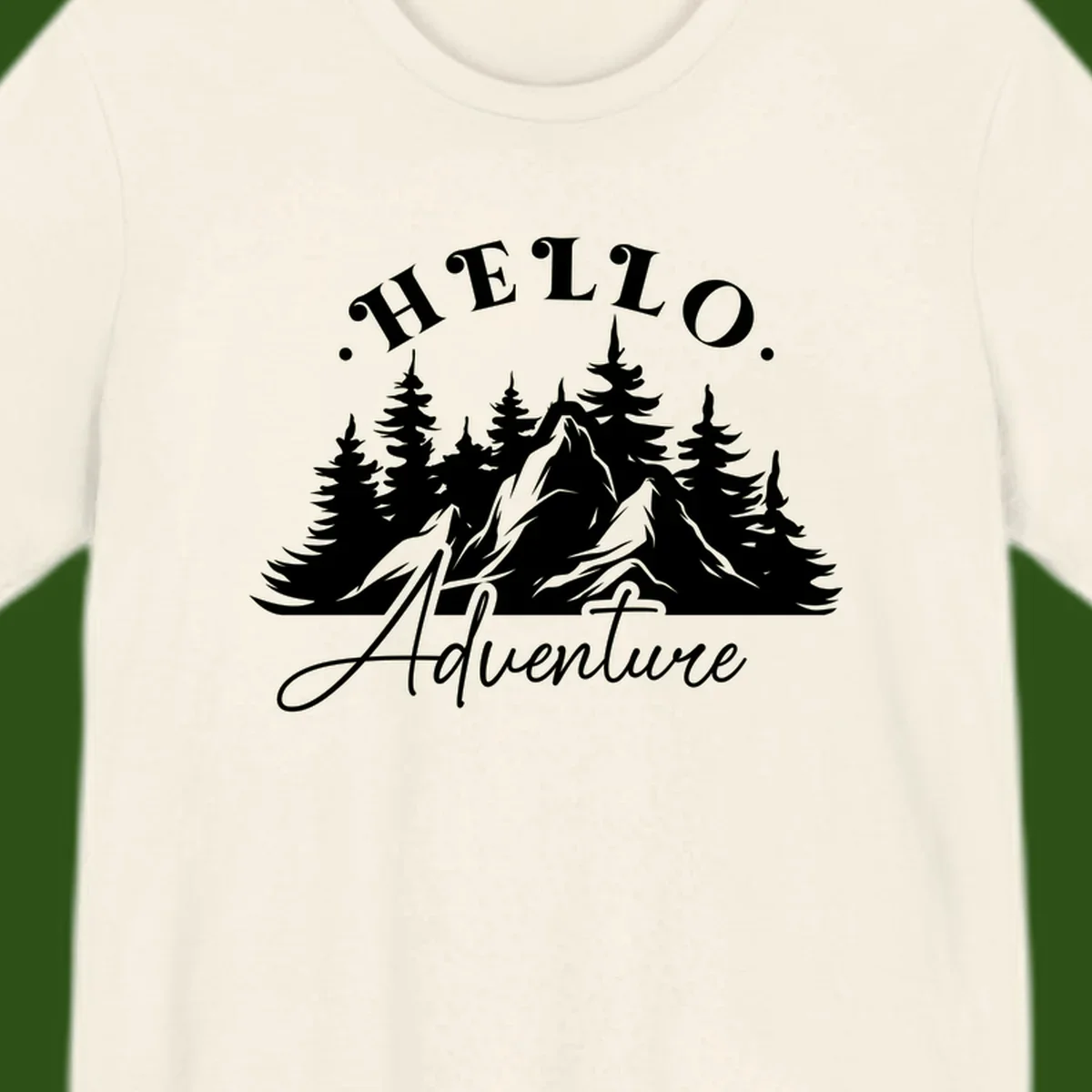 Hello adventure mountain design featuring snow-capped peak and evergreen forest silhouette in white and gray