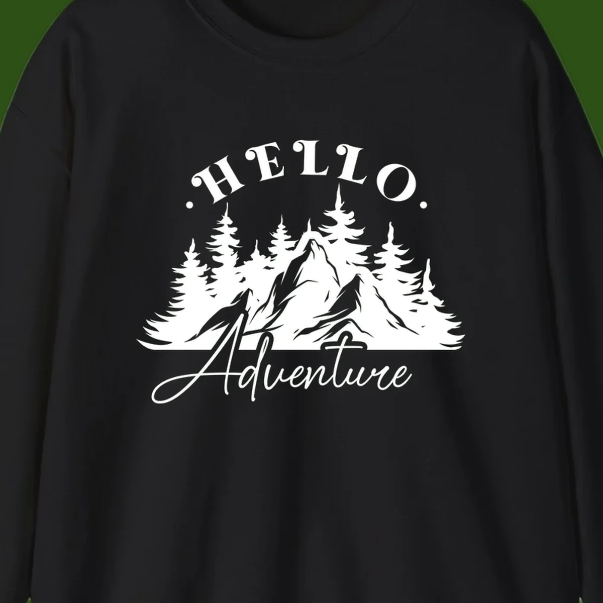 Hello adventure mountain design featuring snow-capped peak and evergreen forest silhouette in white and gray