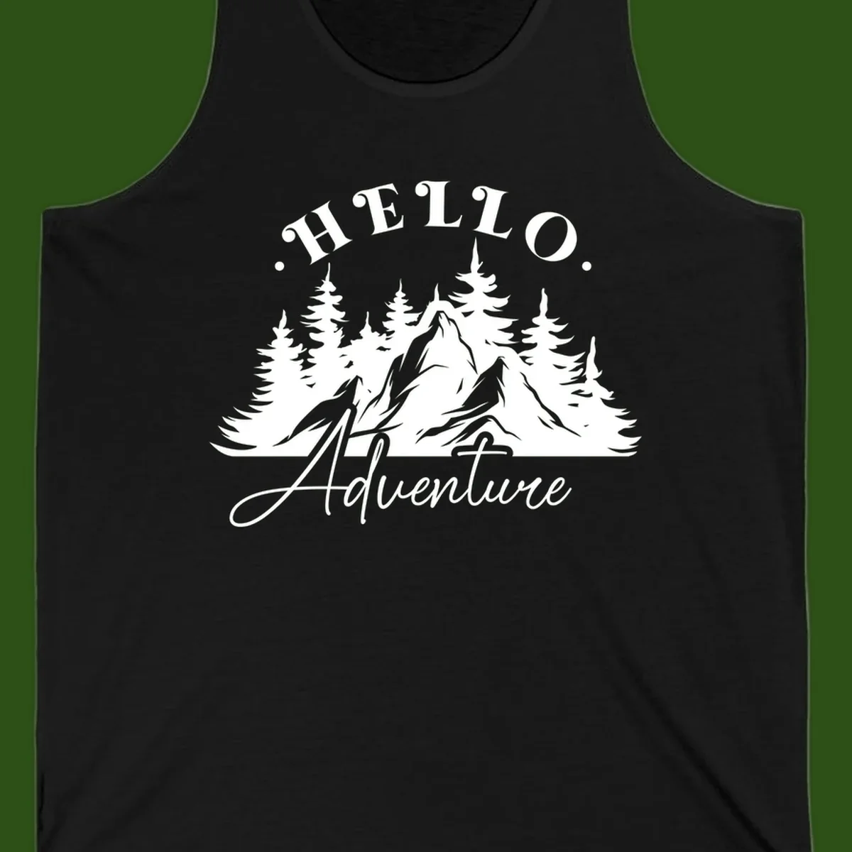 Hello adventure mountain design featuring snow-capped peak and evergreen forest silhouette in white and gray