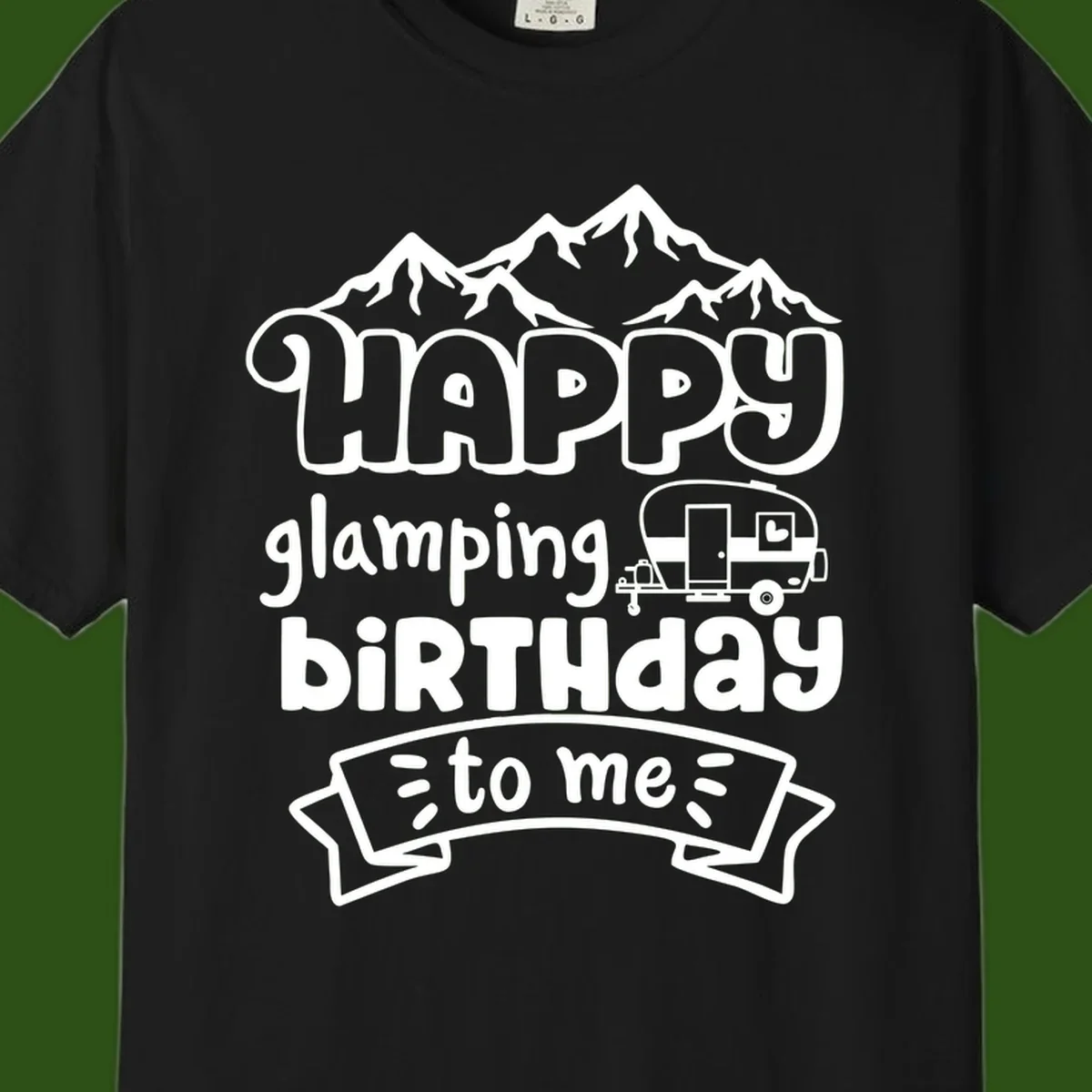 Happy glamping birthday design with snow mountains, vintage trailer, and bold retro lettering celebrating a birthday camping adventure