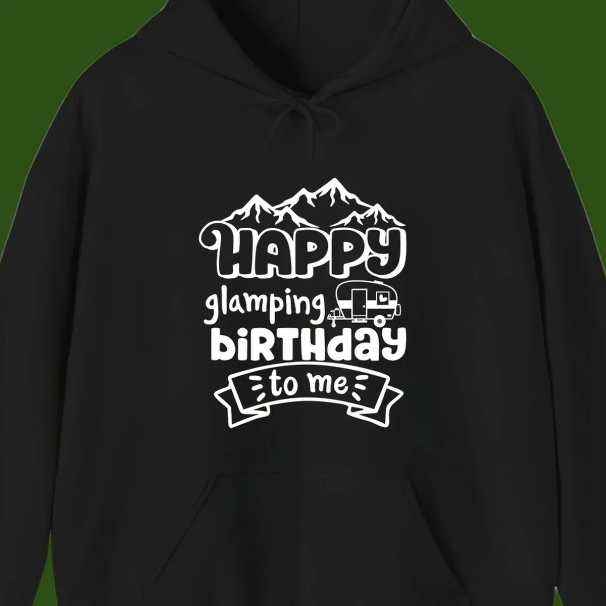 Happy glamping birthday design with snow mountains, vintage trailer, and bold retro lettering celebrating a birthday camping adventure
