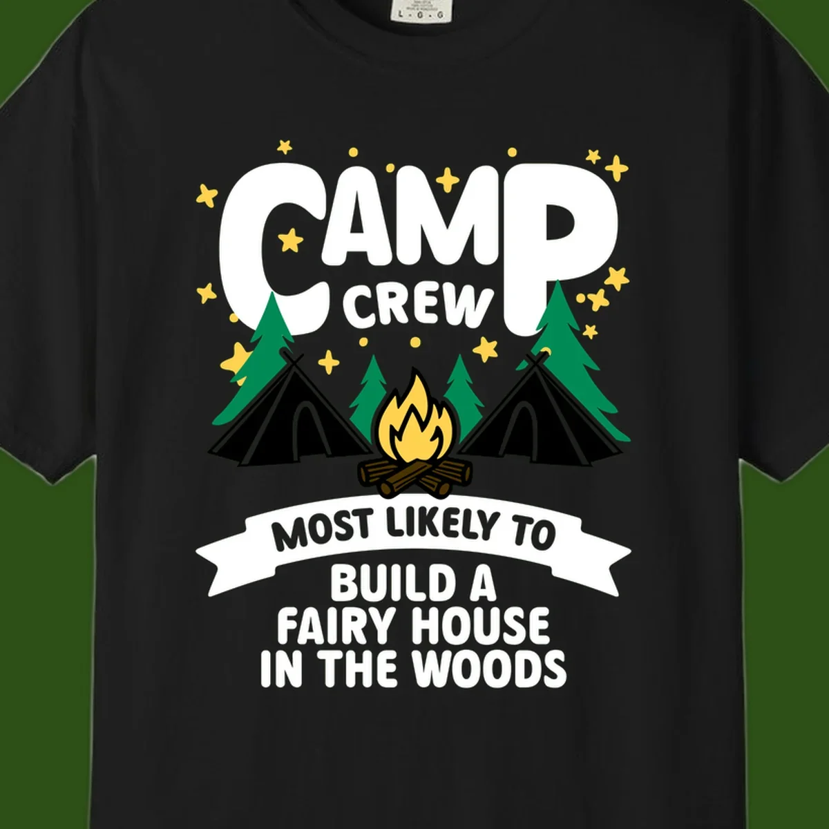 Camp crew fairy house design with tents, campfire, trees, and stars on gray background