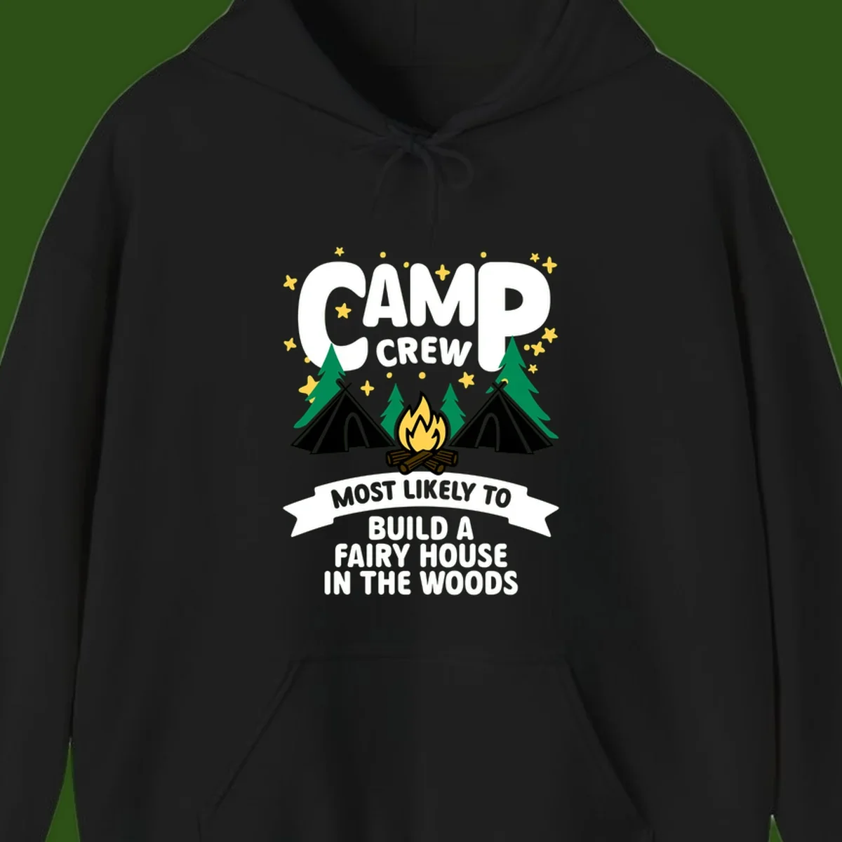 Camp crew fairy house design with tents, campfire, trees, and stars on gray background