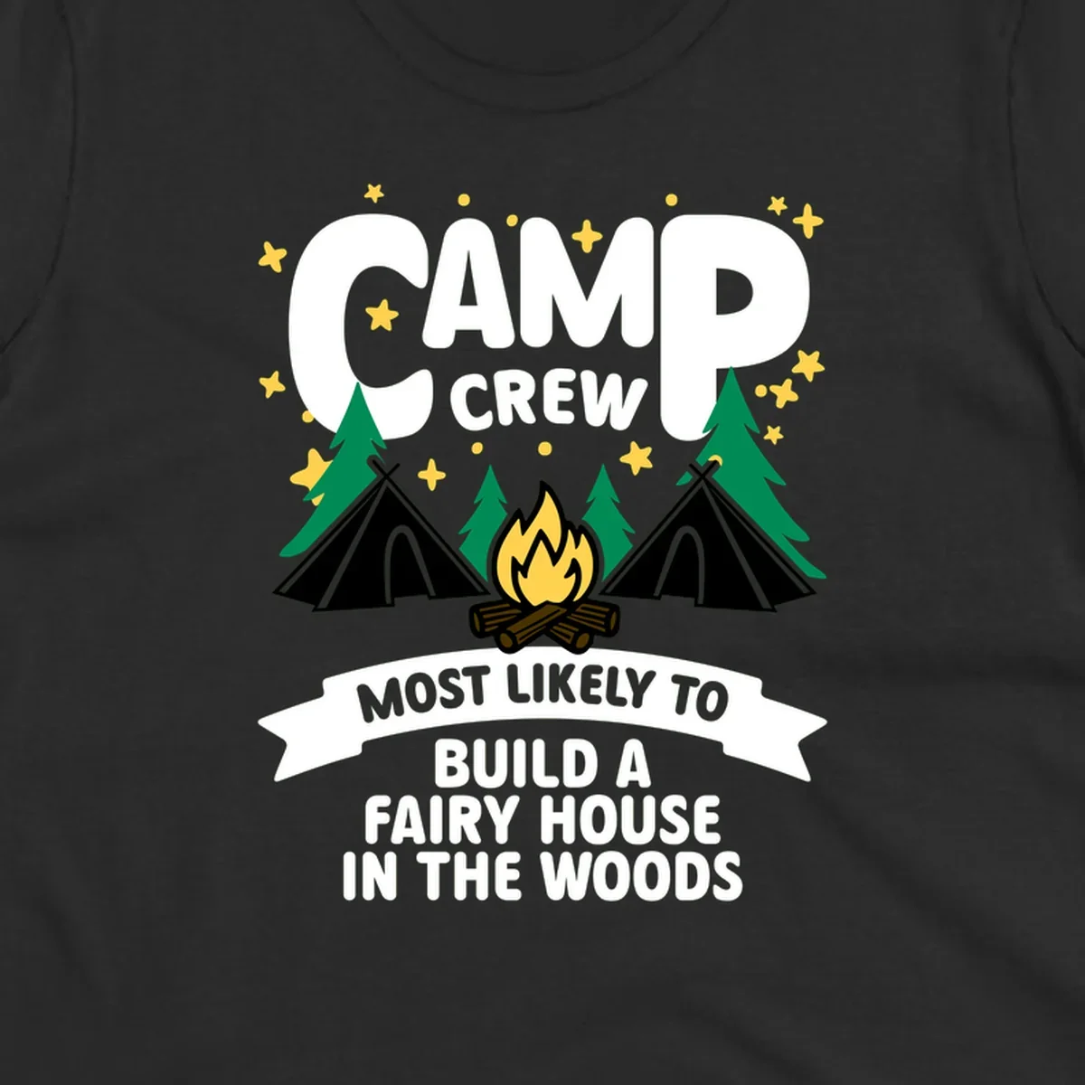 Camp crew fairy house design with tents, campfire, trees, and stars on gray background