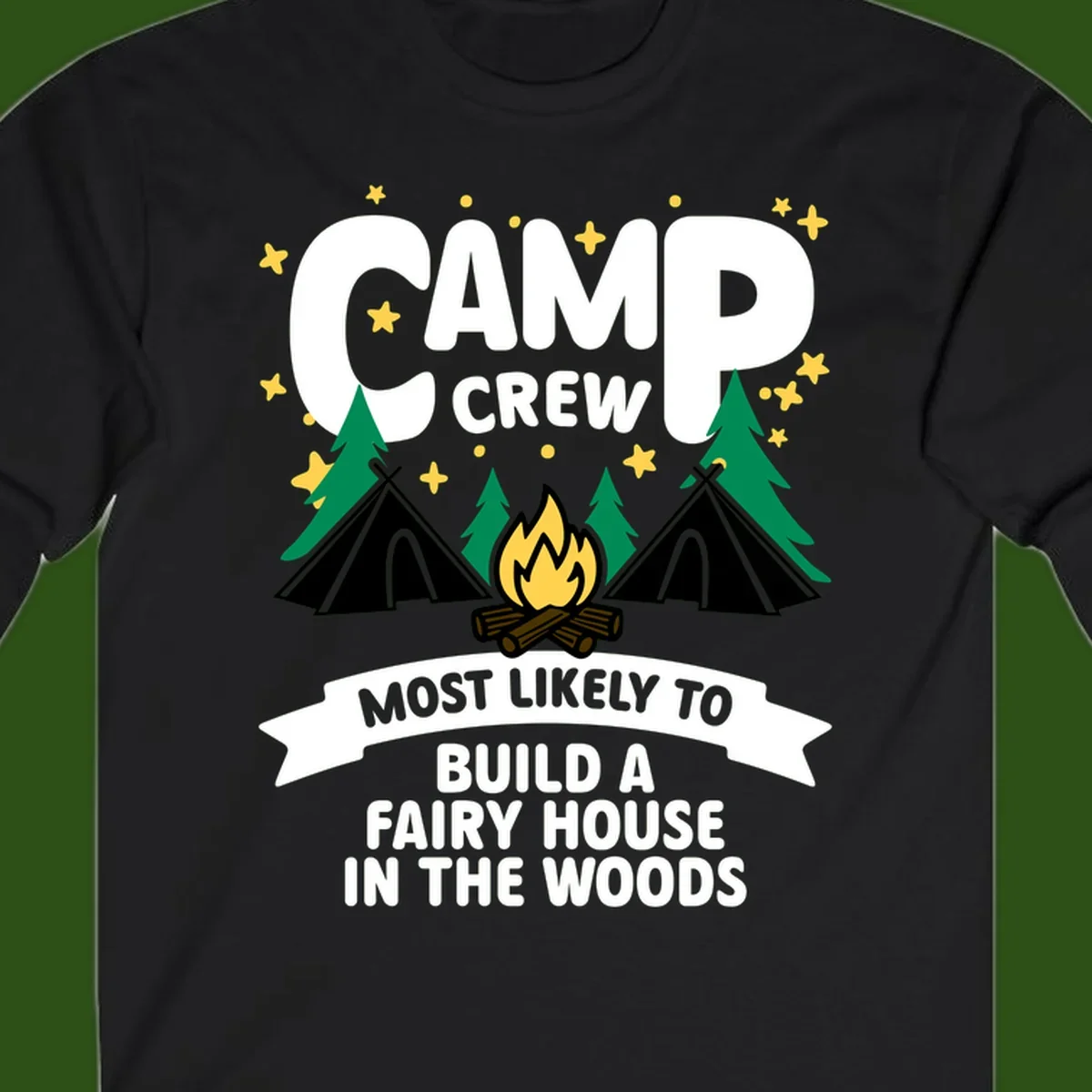Camp crew fairy house design with tents, campfire, trees, and stars on gray background