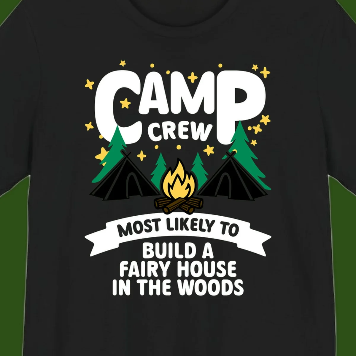 Camp crew fairy house design with tents, campfire, trees, and stars on gray background