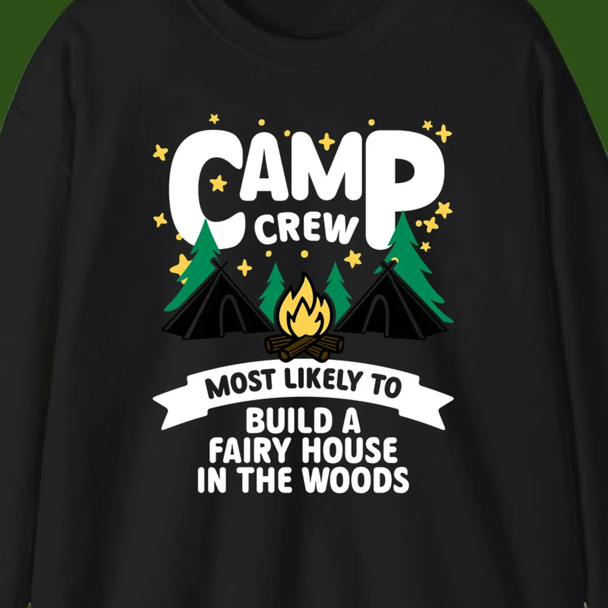 Camp crew fairy house design with tents, campfire, trees, and stars on gray background