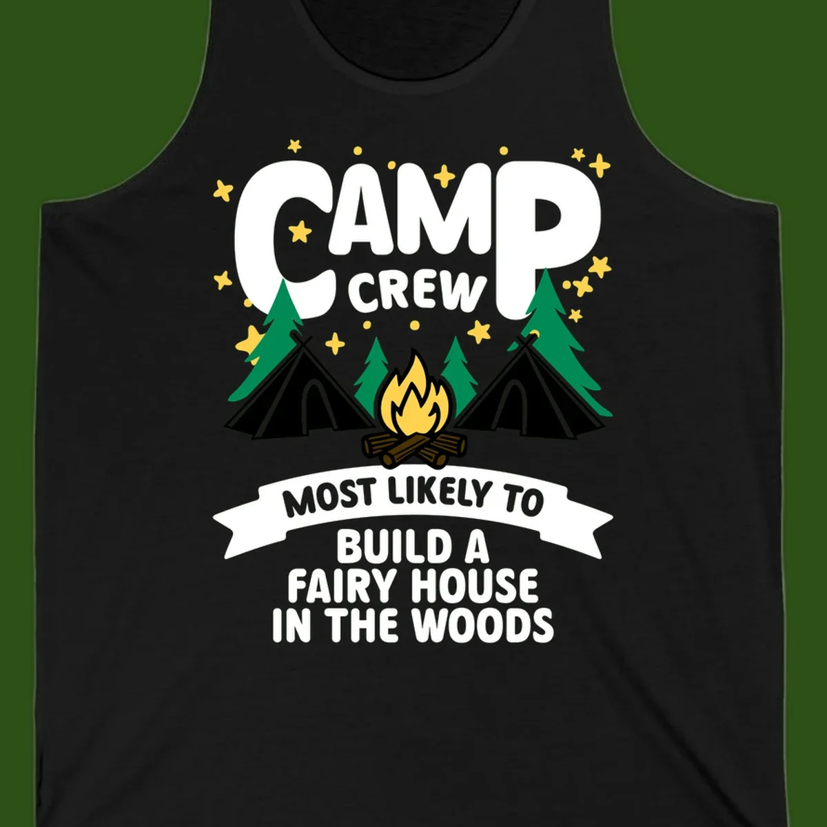 Camp crew fairy house design with tents, campfire, trees, and stars on gray background