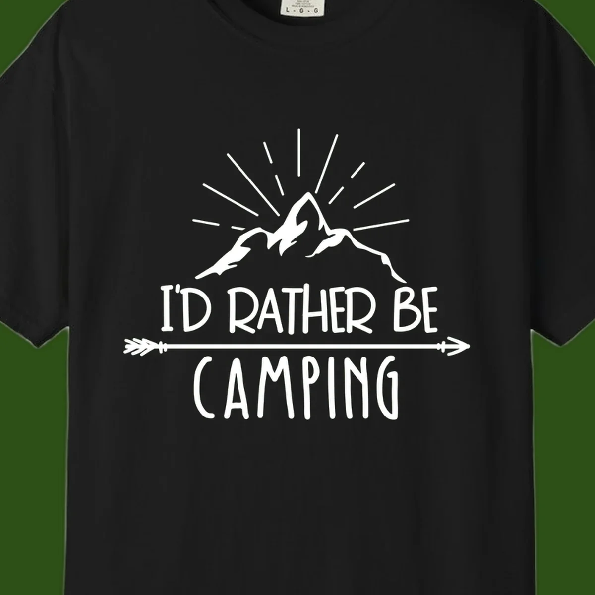 Mountain peaks with lightning bolt and radiating rays, text reads 'I'd Rather Be Camping' on gray background