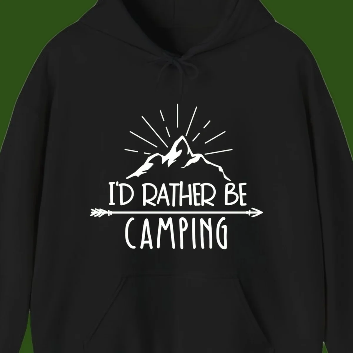 Mountain peaks with lightning bolt and radiating rays, text reads 'I'd Rather Be Camping' on gray background