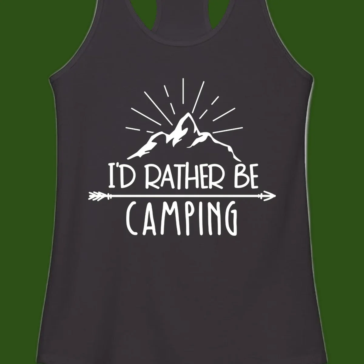Mountain peaks with lightning bolt and radiating rays, text reads 'I'd Rather Be Camping' on gray background
