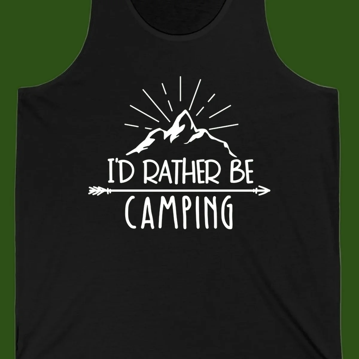 Mountain peaks with lightning bolt and radiating rays, text reads 'I'd Rather Be Camping' on gray background