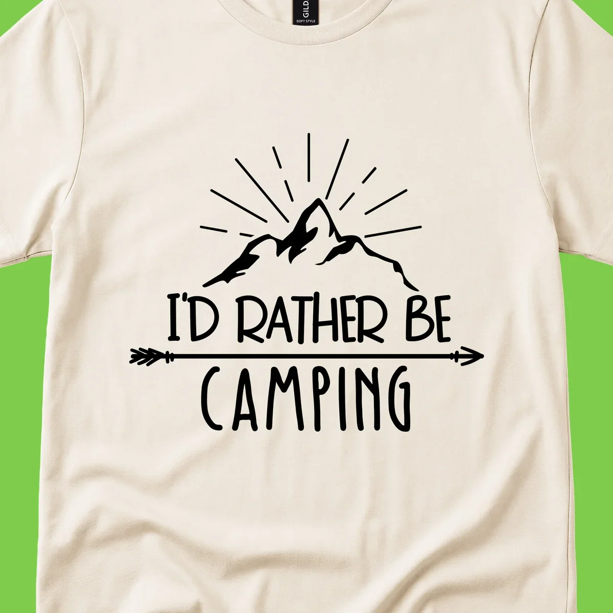Mountain peaks with lightning bolt and radiating rays, text reads 'I'd Rather Be Camping' on gray background