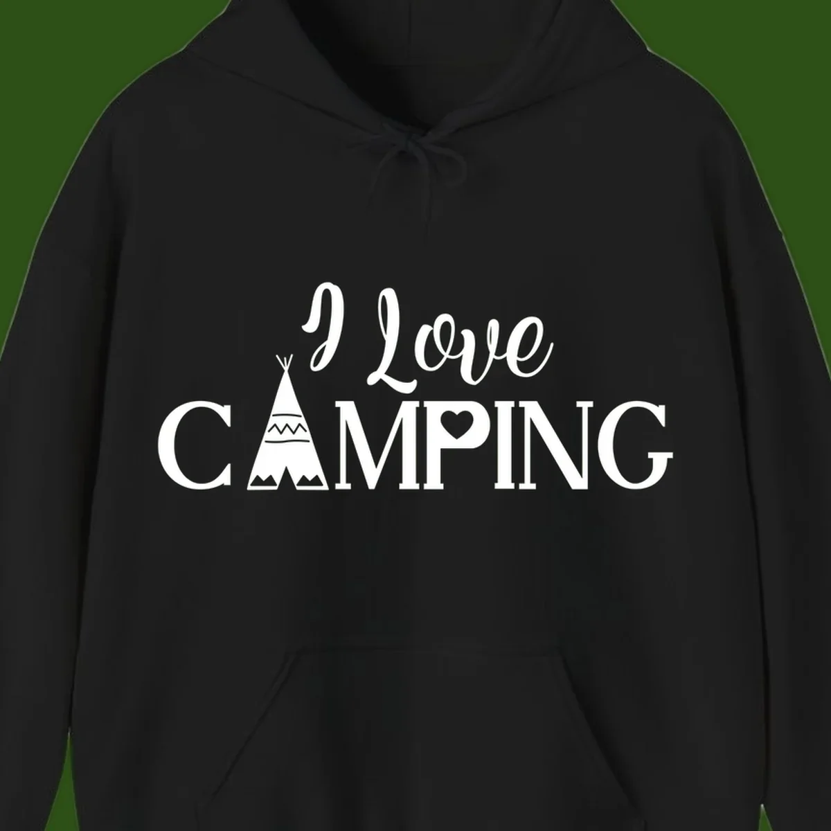 White i-love-camping-teepee design on gray background with decorative geometric patterns and heart symbol