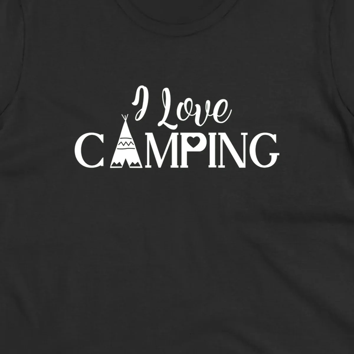 White i-love-camping-teepee design on gray background with decorative geometric patterns and heart symbol