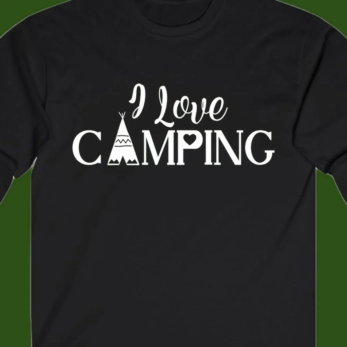 White i-love-camping-teepee design on gray background with decorative geometric patterns and heart symbol