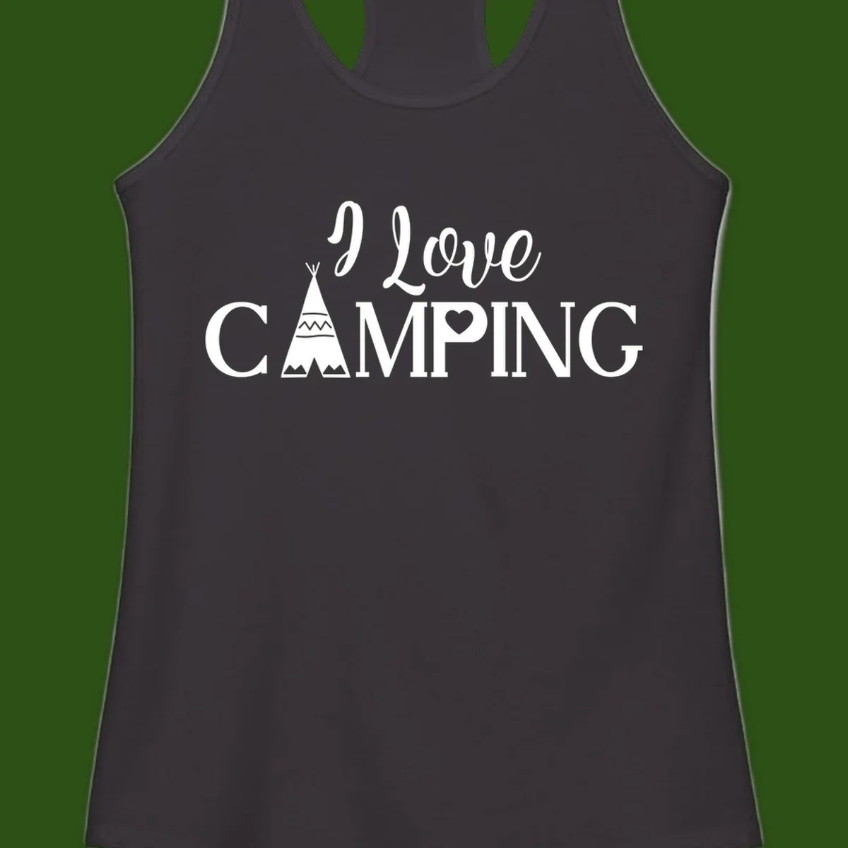 White i-love-camping-teepee design on gray background with decorative geometric patterns and heart symbol