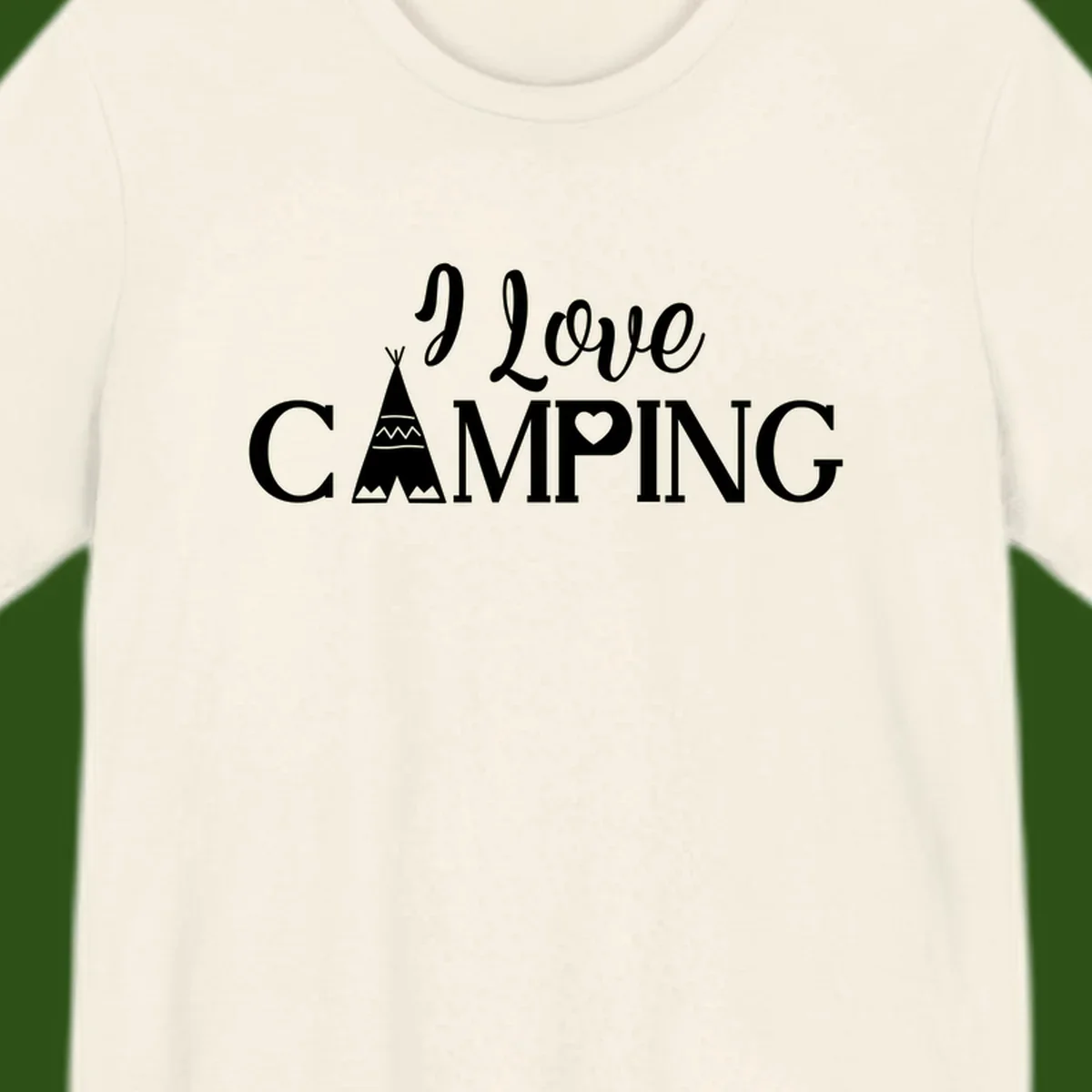 White i-love-camping-teepee design on gray background with decorative geometric patterns and heart symbol