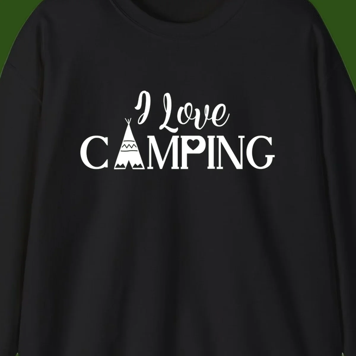 White i-love-camping-teepee design on gray background with decorative geometric patterns and heart symbol