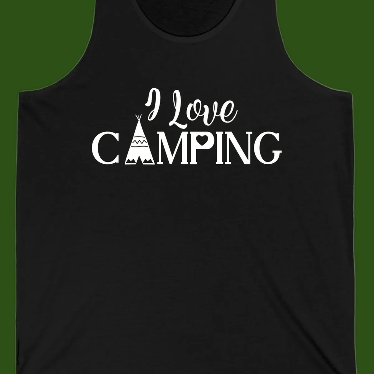 White i-love-camping-teepee design on gray background with decorative geometric patterns and heart symbol