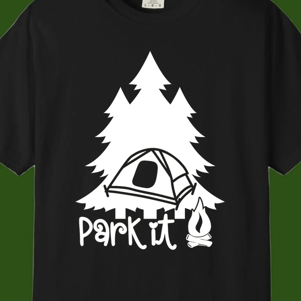 Park it camping design with evergreen trees, pitched tent, and campfire illustration with text