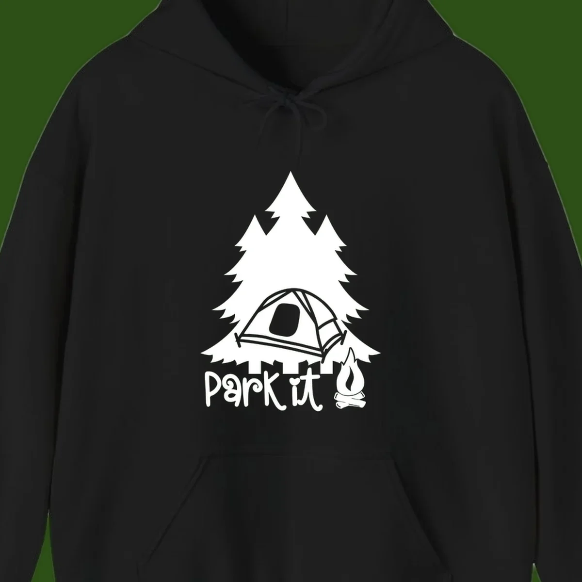 Park it camping design with evergreen trees, pitched tent, and campfire illustration with text