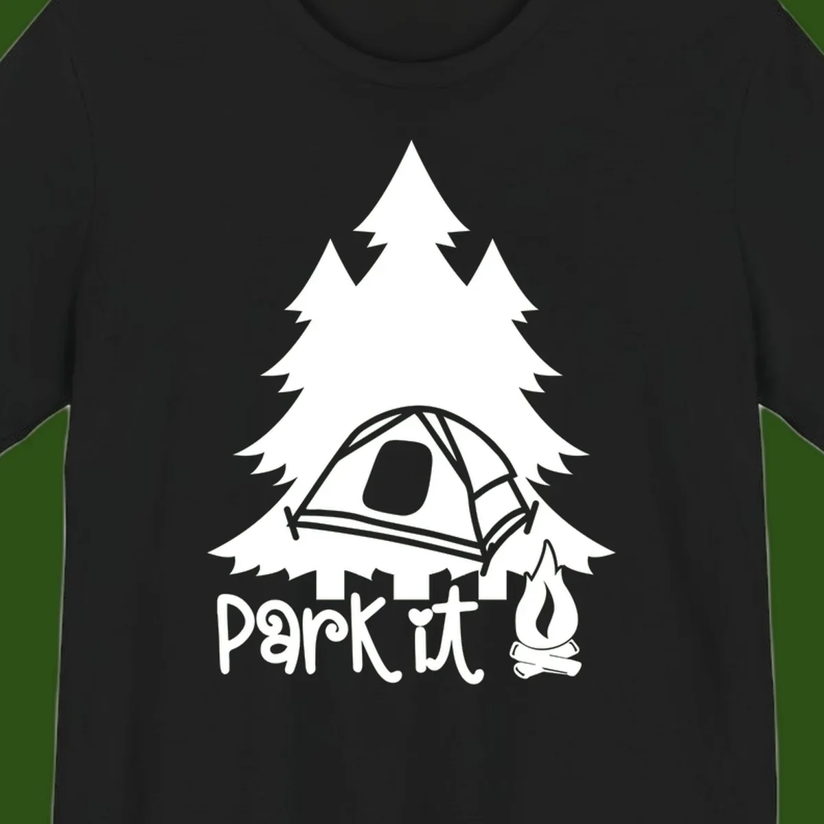Park it camping design with evergreen trees, pitched tent, and campfire illustration with text