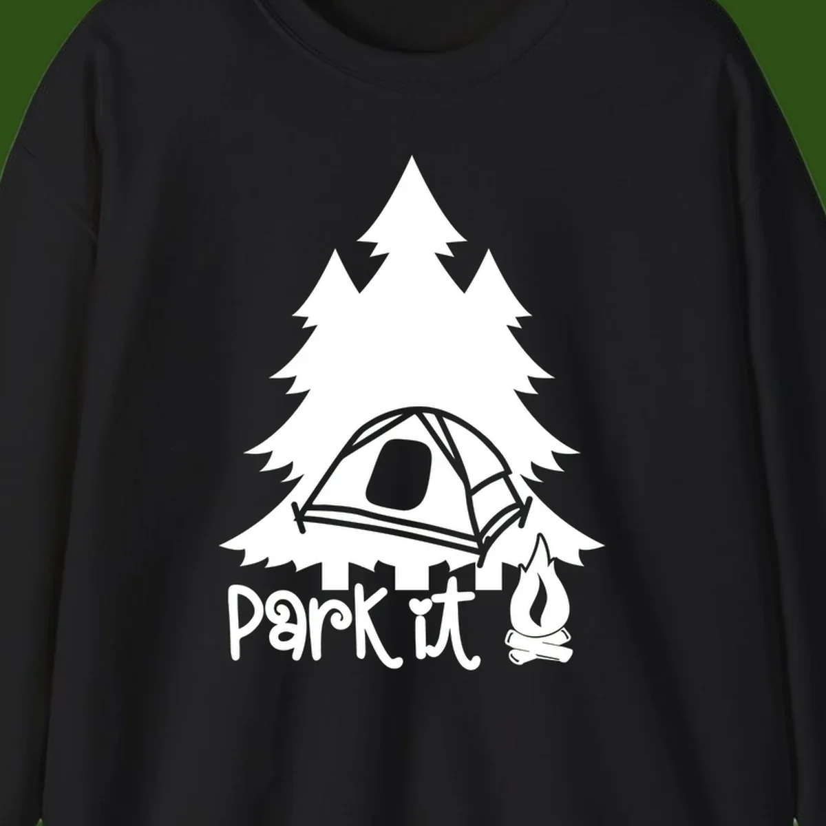 Park it camping design with evergreen trees, pitched tent, and campfire illustration with text