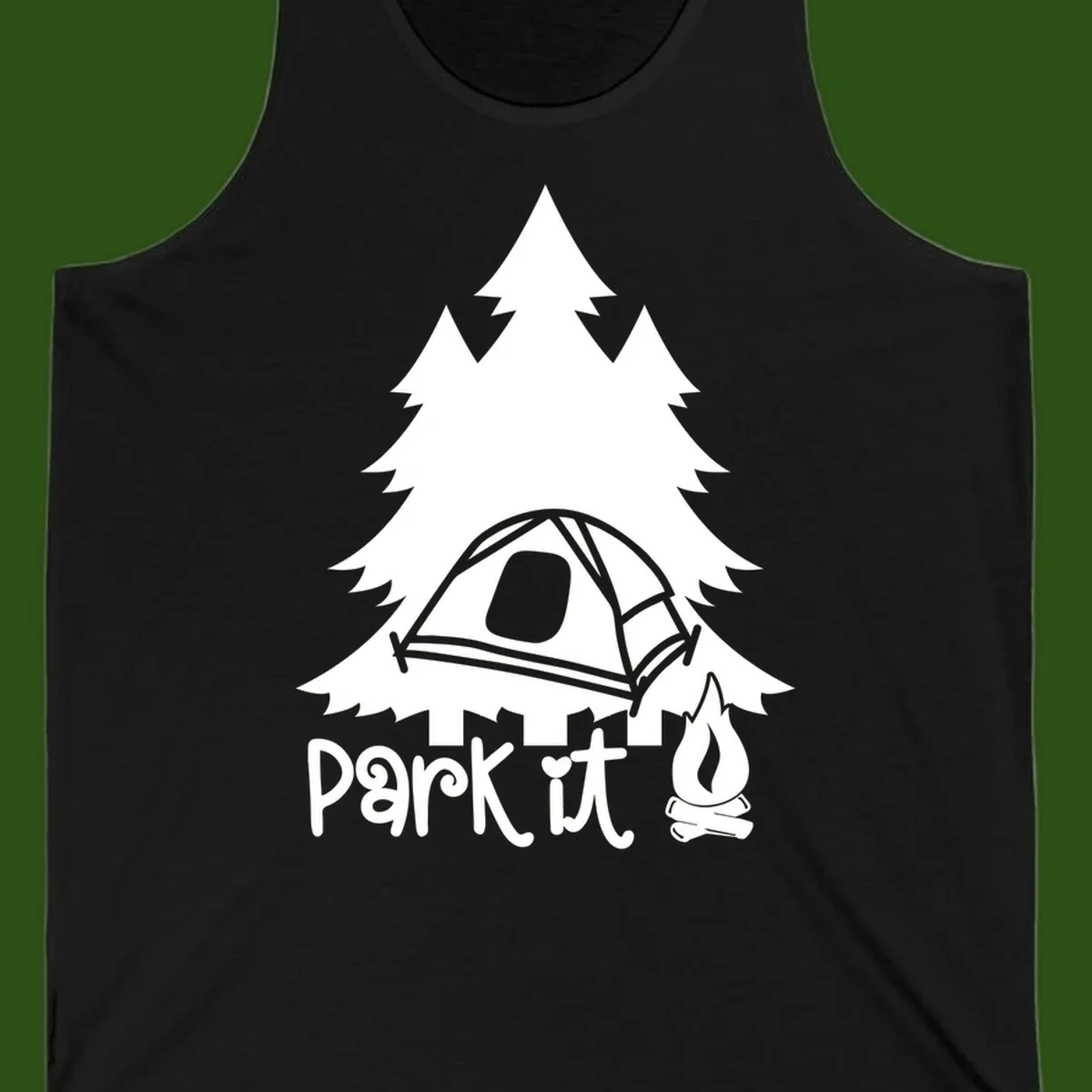 Park it camping design with evergreen trees, pitched tent, and campfire illustration with text