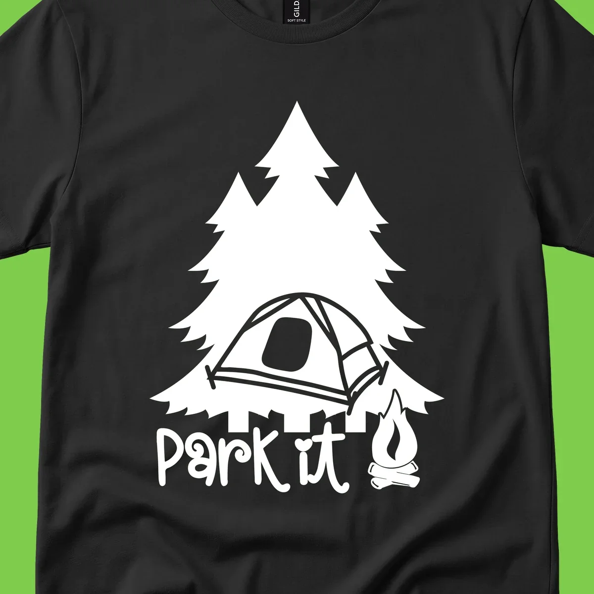Park it camping design with evergreen trees, pitched tent, and campfire illustration with text