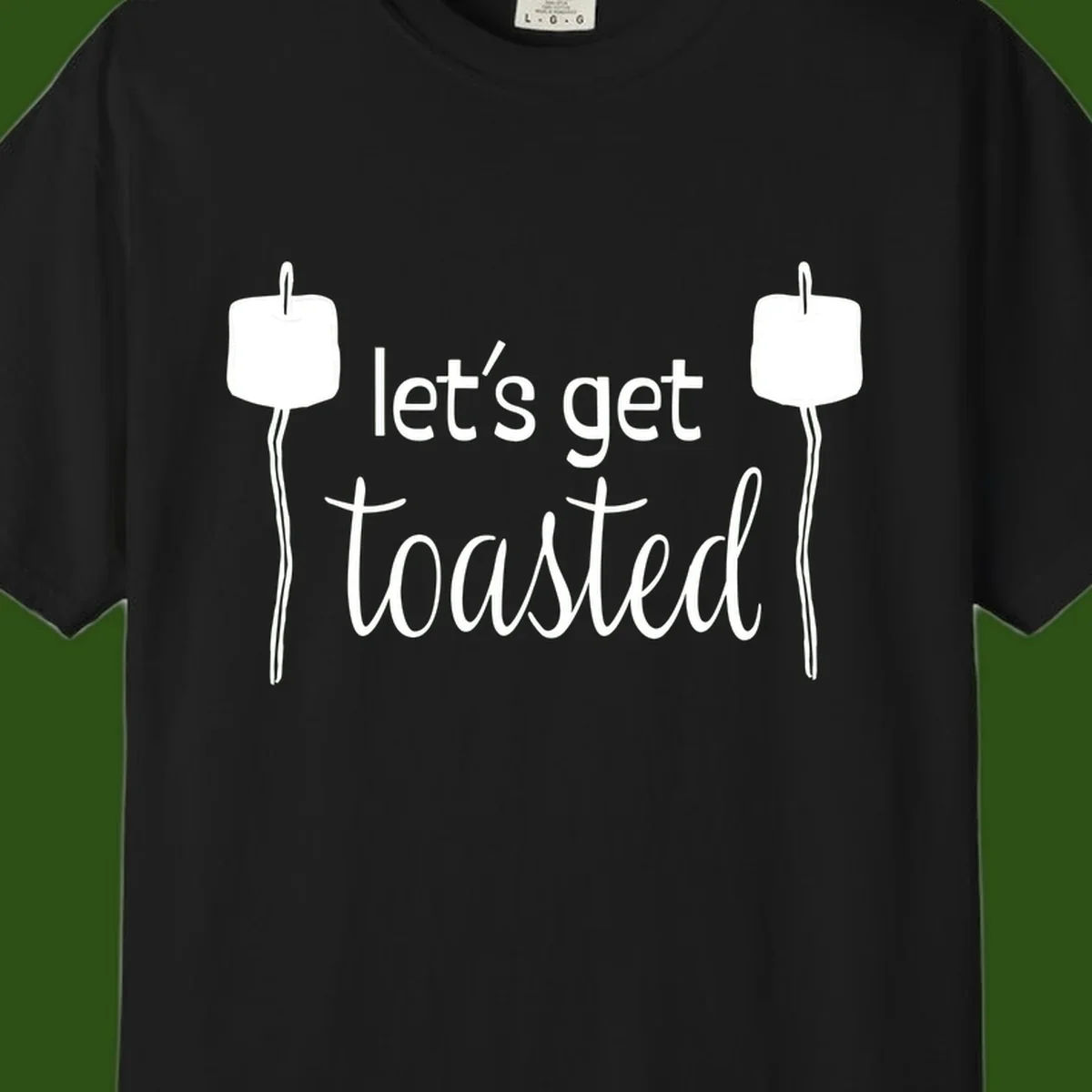 Illustration of two roasting sticks with marshmallows and text reading 'let's get toasted' in a minimalist camping design