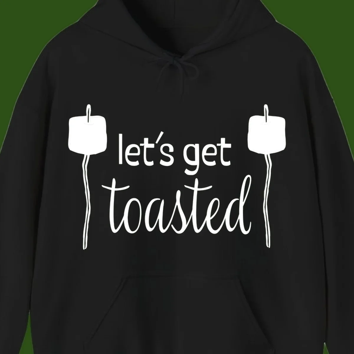 Illustration of two roasting sticks with marshmallows and text reading 'let's get toasted' in a minimalist camping design