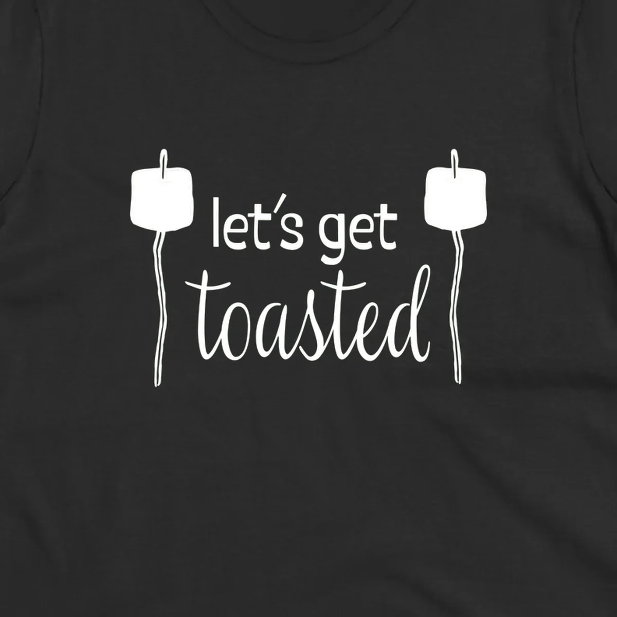 Illustration of two roasting sticks with marshmallows and text reading 'let's get toasted' in a minimalist camping design