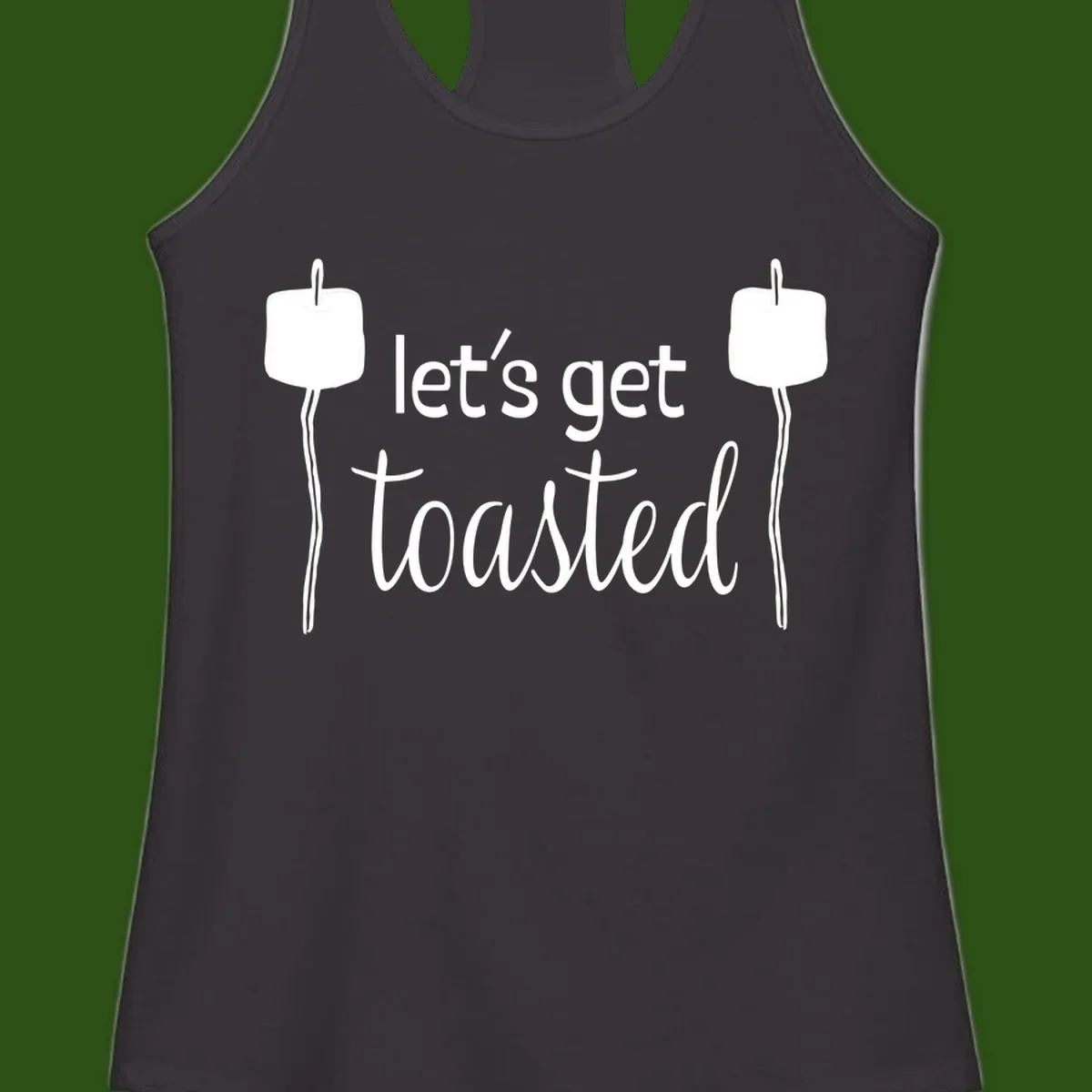 Illustration of two roasting sticks with marshmallows and text reading 'let's get toasted' in a minimalist camping design