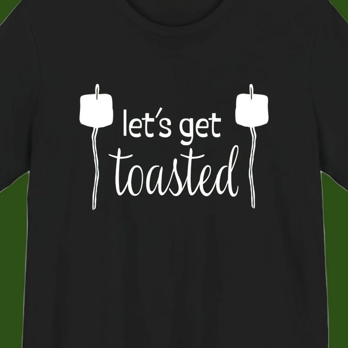 Illustration of two roasting sticks with marshmallows and text reading 'let's get toasted' in a minimalist camping design