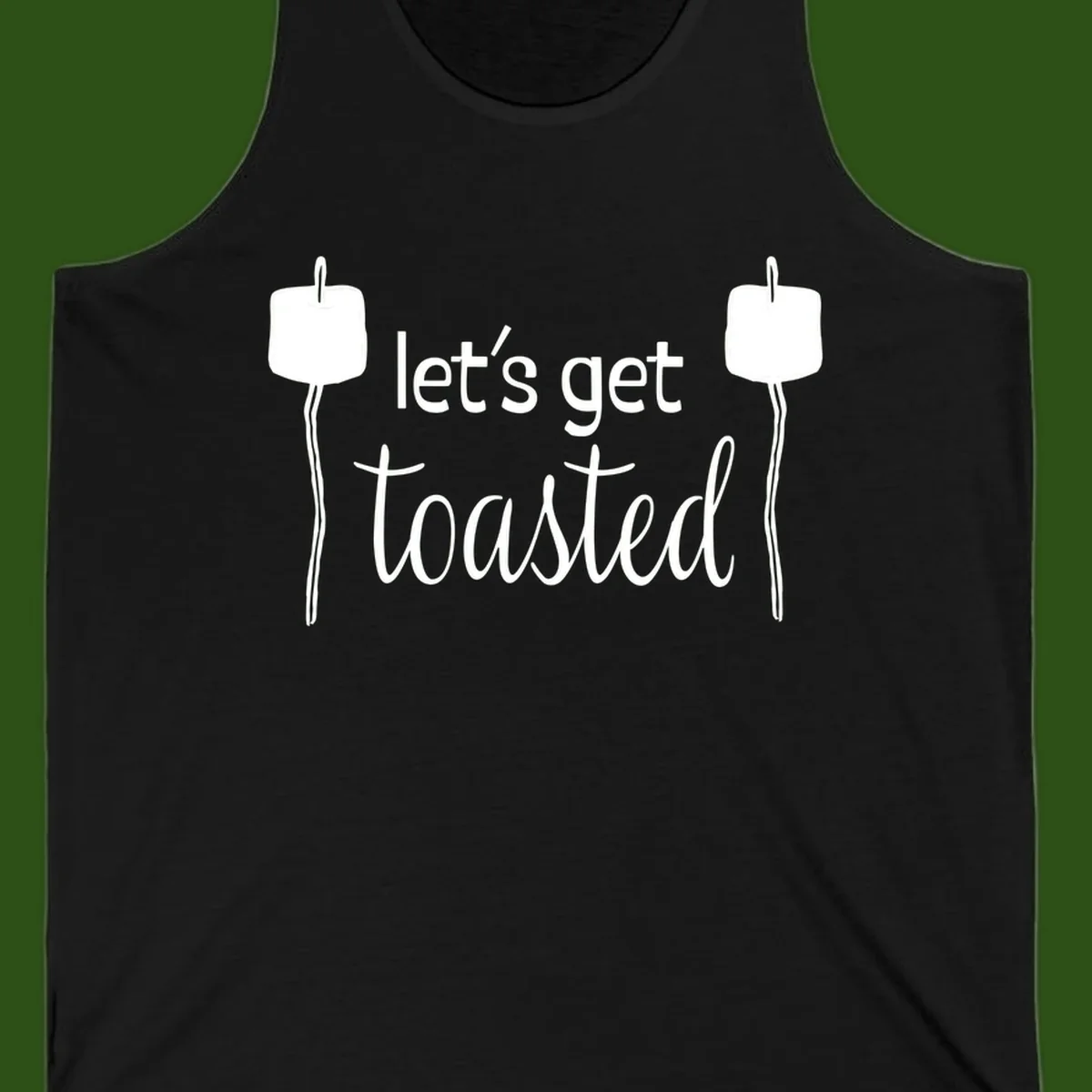 Illustration of two roasting sticks with marshmallows and text reading 'let's get toasted' in a minimalist camping design