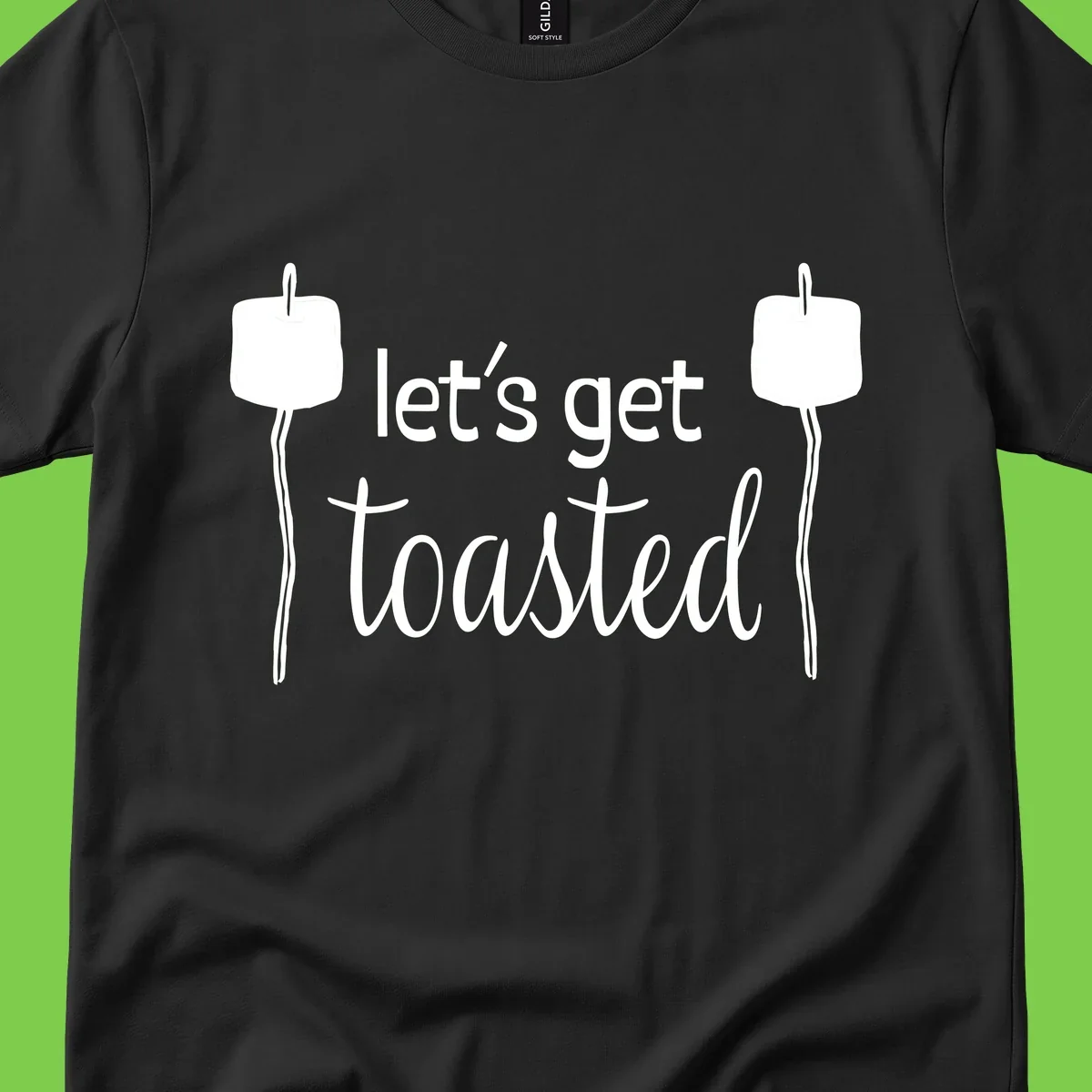 Illustration of two roasting sticks with marshmallows and text reading 'let's get toasted' in a minimalist camping design