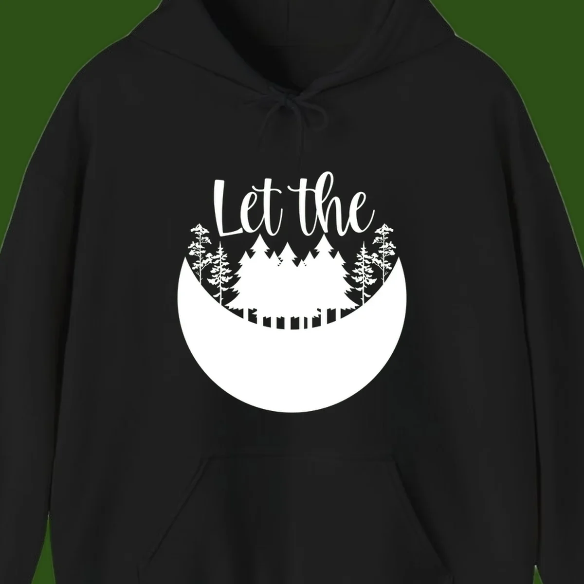 White silhouette of evergreen trees and mountain peaks arranged in a crescent moon shape with 'Let the' text above in script font on gray background.
