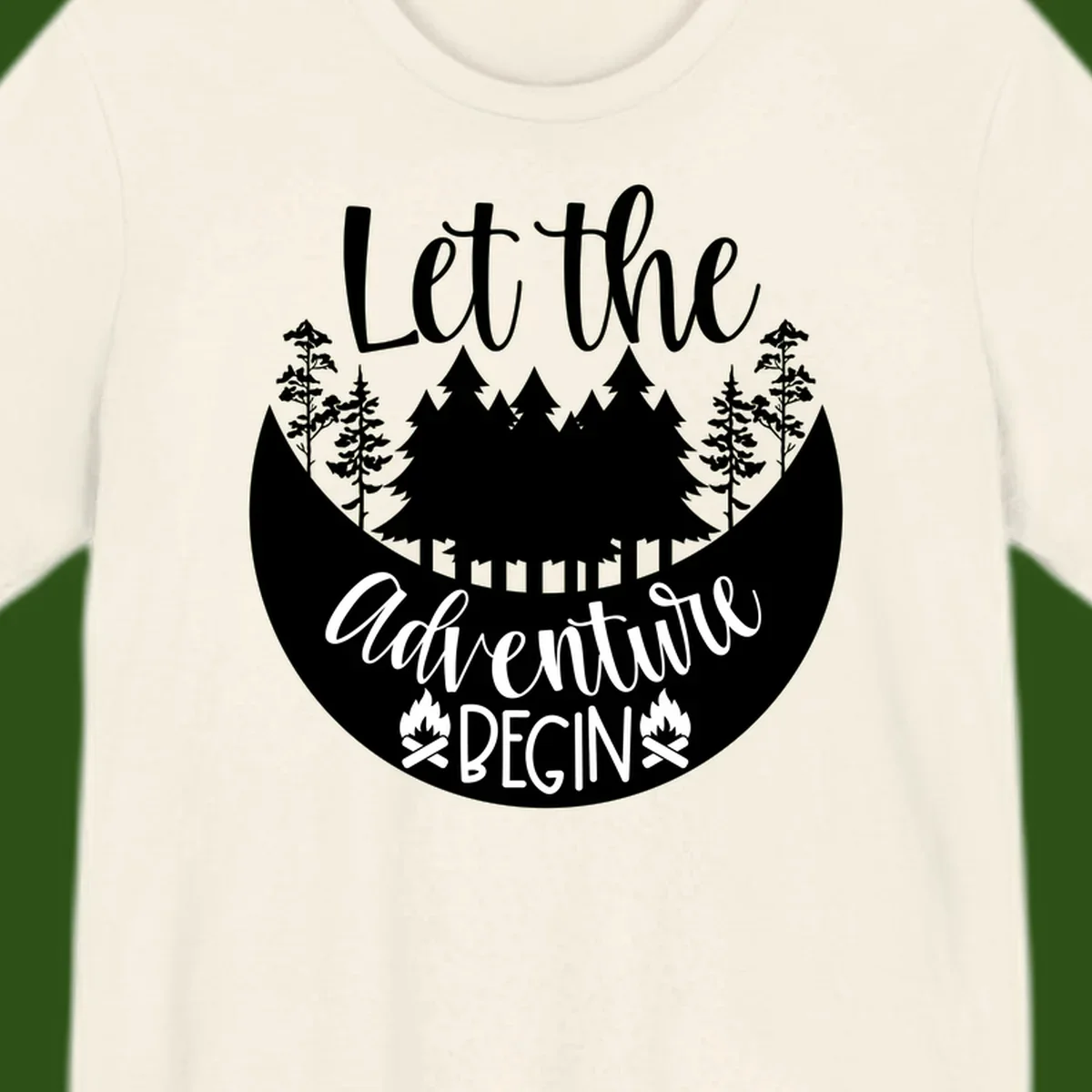 White silhouette of evergreen trees and mountain peaks arranged in a crescent moon shape with 'Let the' text above in script font on gray background.