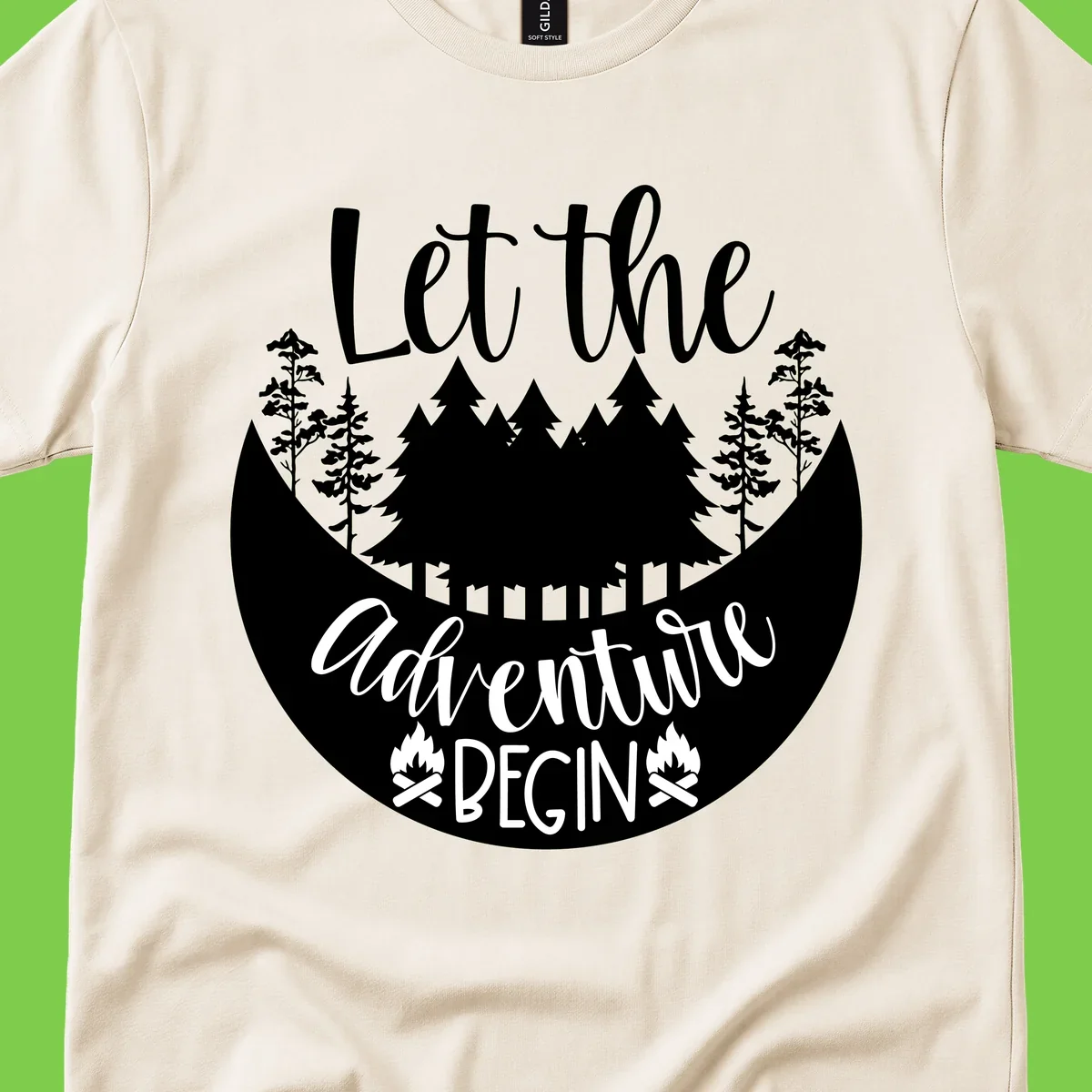 White silhouette of evergreen trees and mountain peaks arranged in a crescent moon shape with 'Let the' text above in script font on gray background.