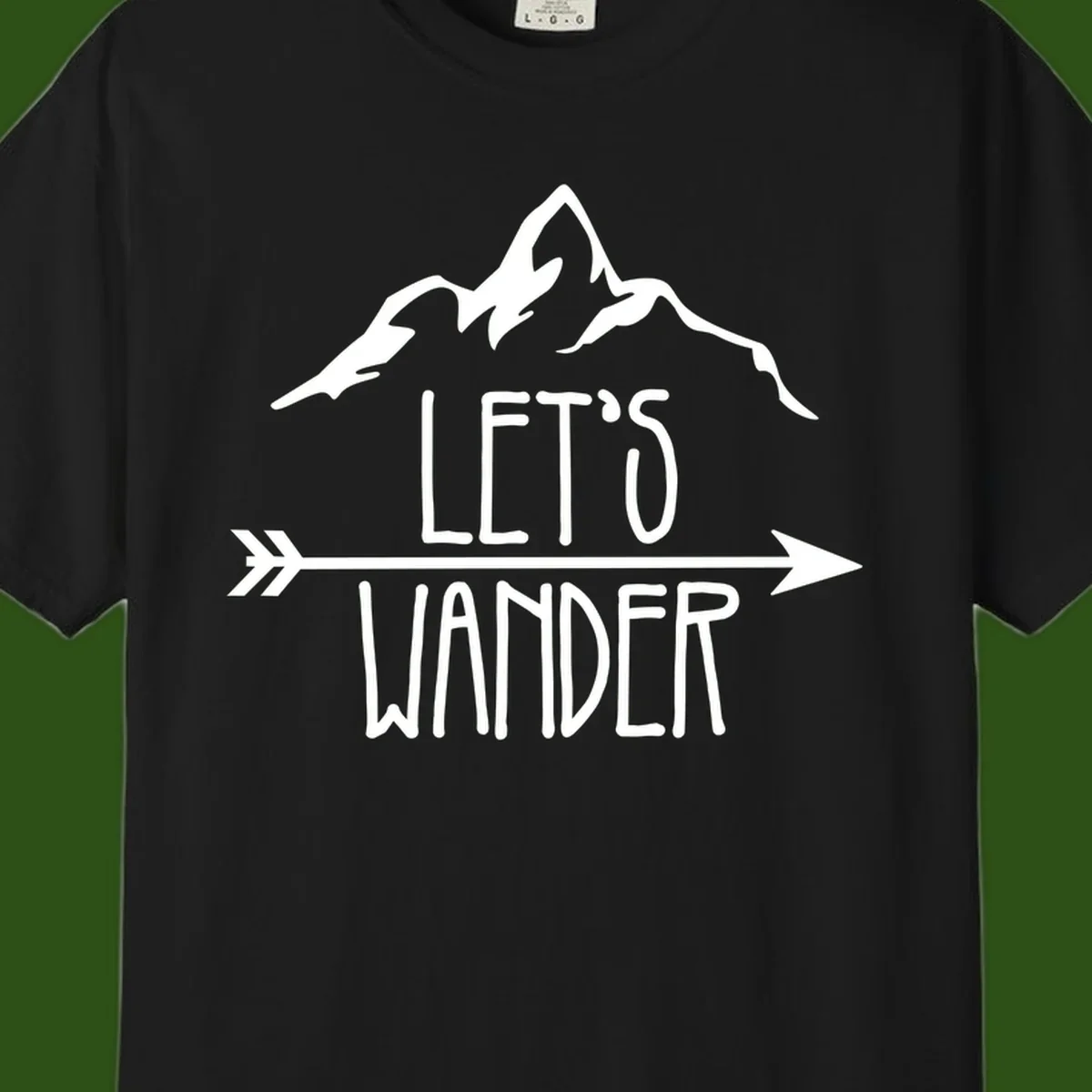 White mountain peaks with 'Let's Go Wander' text and directional arrow on gray background, minimalist camping design