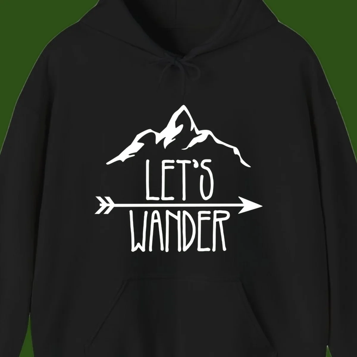 White mountain peaks with 'Let's Go Wander' text and directional arrow on gray background, minimalist camping design